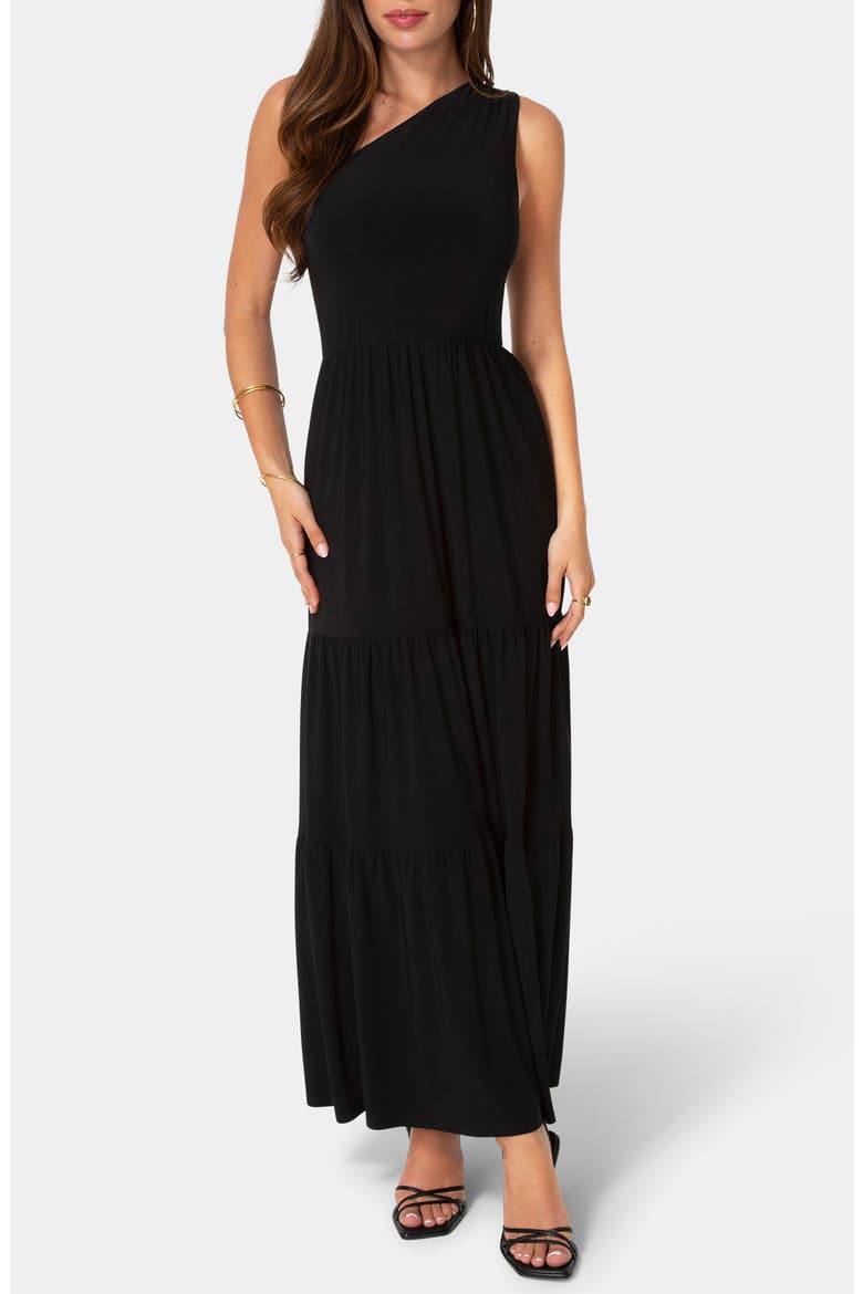 One Shoulder Tiered Maxi Dress, Main, color, BLACK