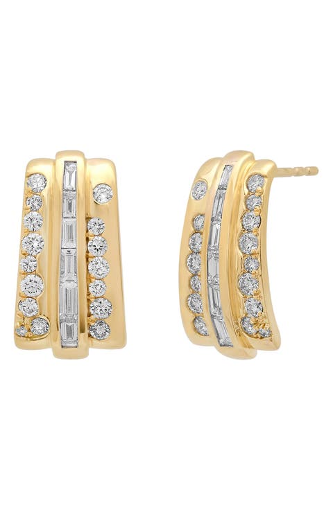 Papua 18k Gold Diamond Triple Row Huggie Hoop Earrings