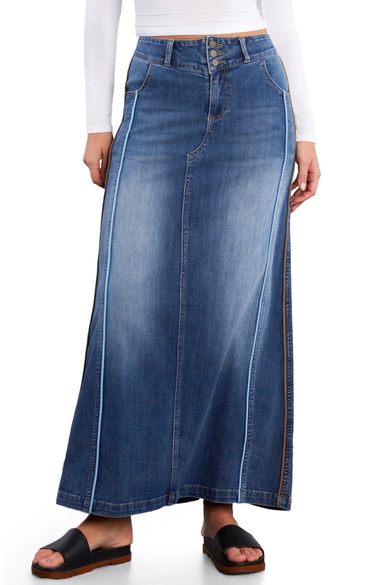 Side Piping Denim Maxi Skirt, Main, color, SHINE BLUE