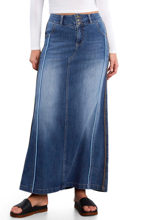 Side Piping Denim Maxi Skirt