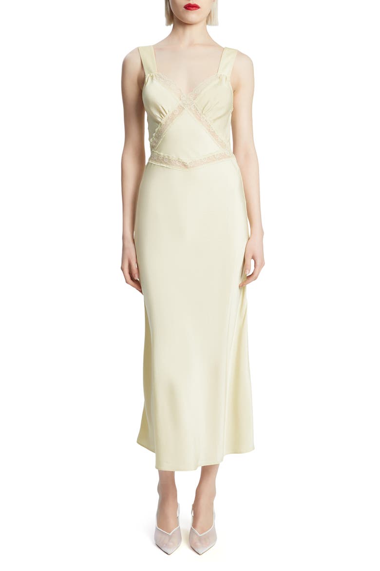 Emory Lace Trim Cutout Satin Midi Slipdress, Main, color, CANARY YELLOW