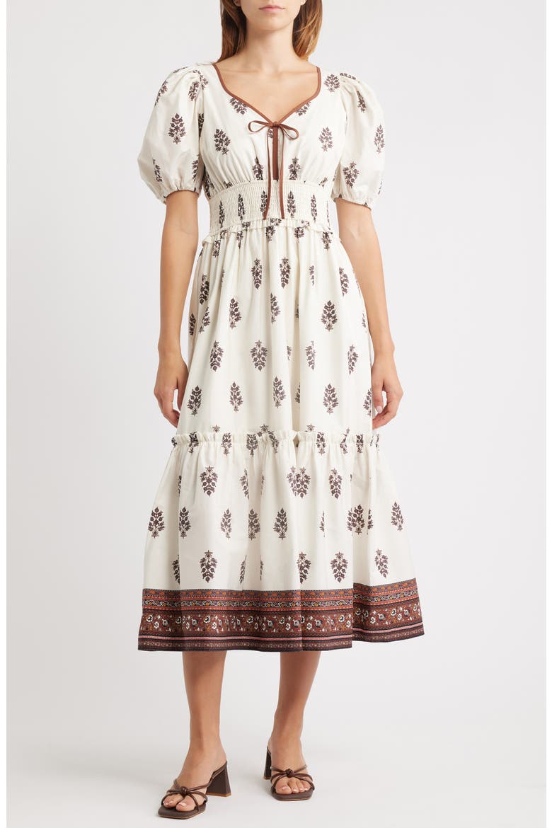 Smocked Puff Sleeve Maxi Dress, Main, color, CREAM MULTI