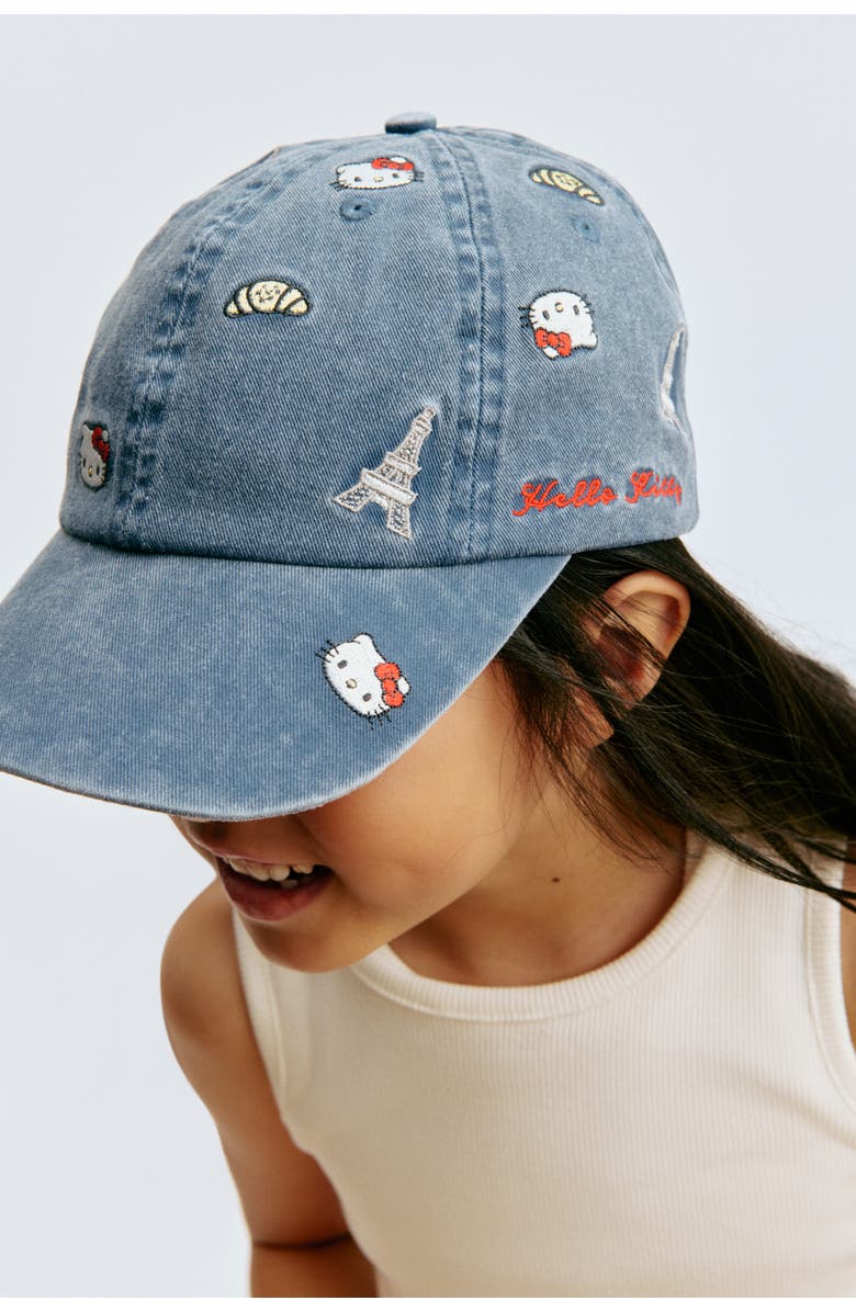 H&M Twill cap with motif, Alternate, color, Denim Blue/Hello Kitty