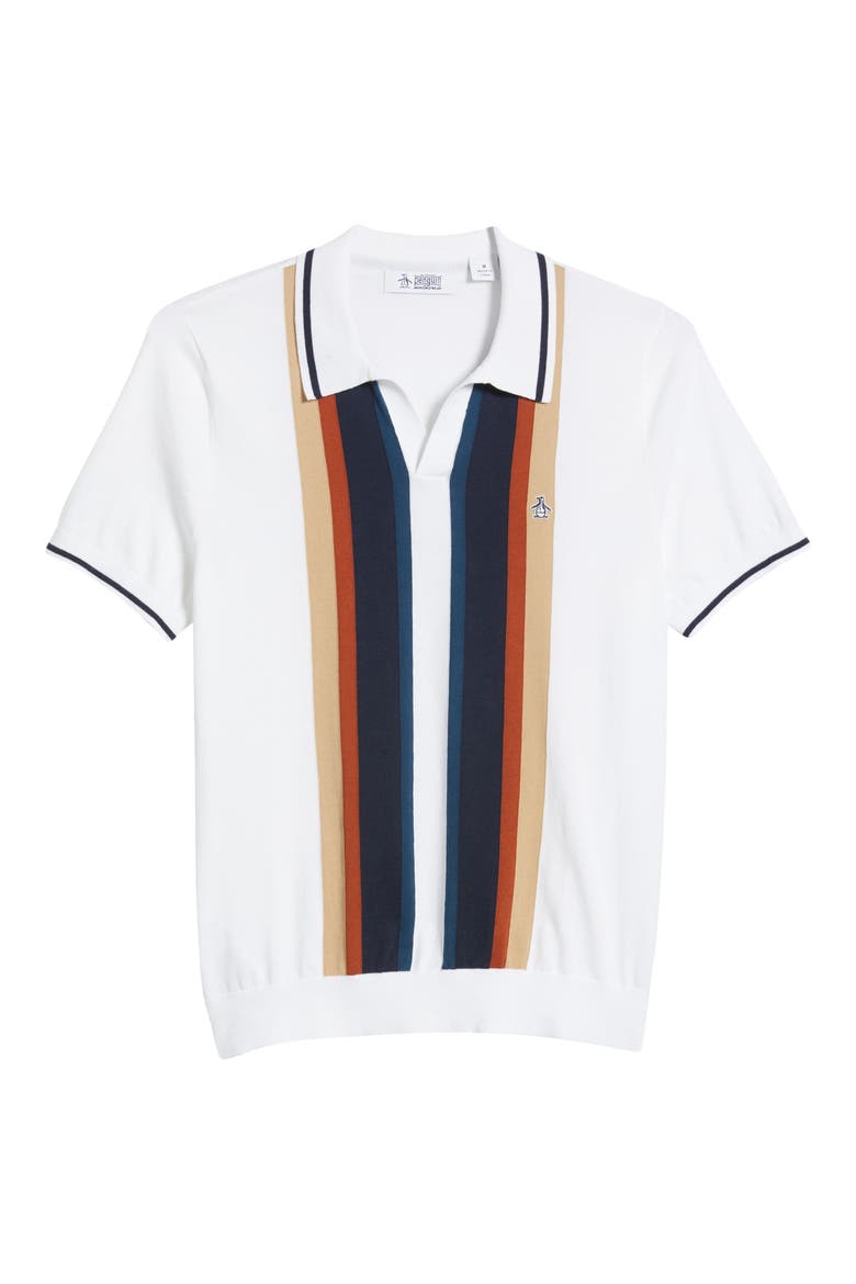 Vertical Stripe Short Sleeve Cotton Polo Sweater, Alternate, color, BRIGHT WHITE