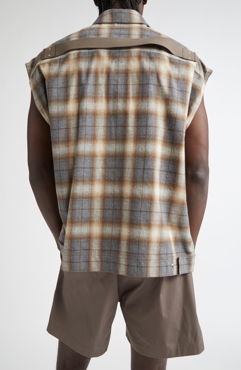 Rick Owens Hollywood Grey Plaid Cotton Flannel Sleeveless Button-Up Shirt, Alternate, color, 