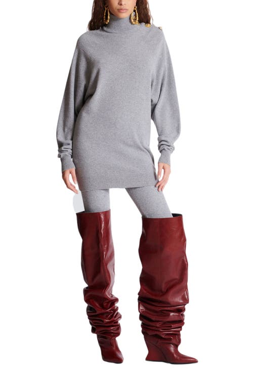Balmain Cashmere Wool Turtleneck Dress Gold Button Detail In Gray