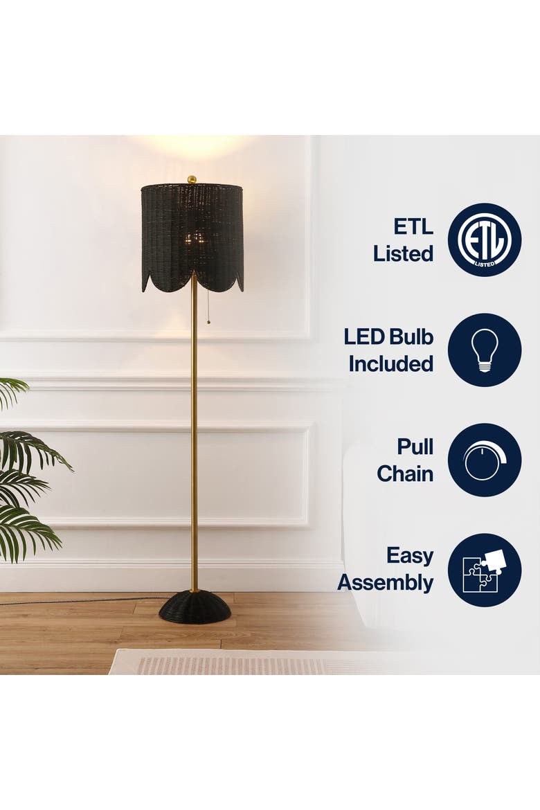 Joel Scallop Shade Rattan/Metal LED Floor Lamp with Pull Chain, Alternate, color, Black/Brass Gold