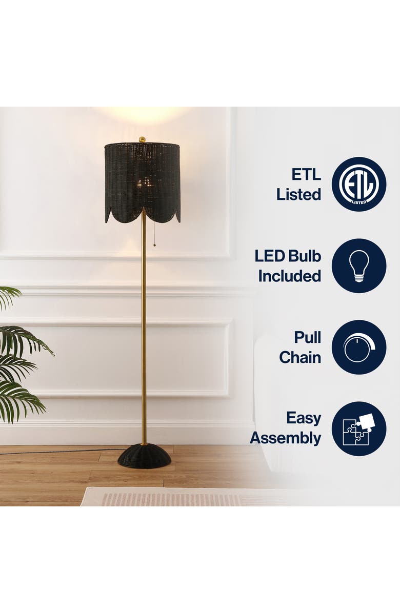 JONATHAN Y Joel Scallop Shade Rattan/Metal LED Floor Lamp with Pull Chain, Alternate, color, Black/Brass Gold