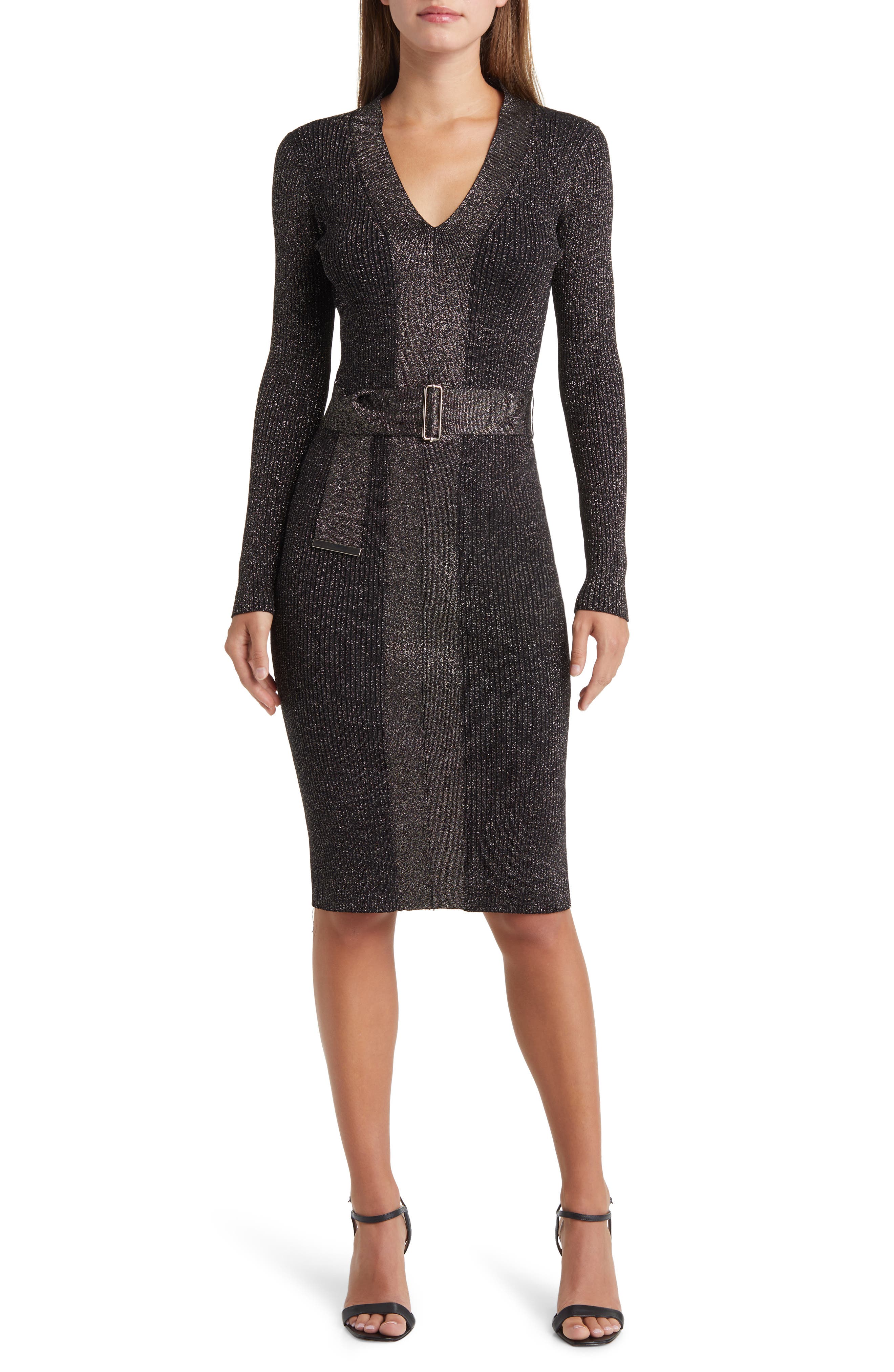 Vince Camuto Metallic Long Sleeve Rib Sweater Dress