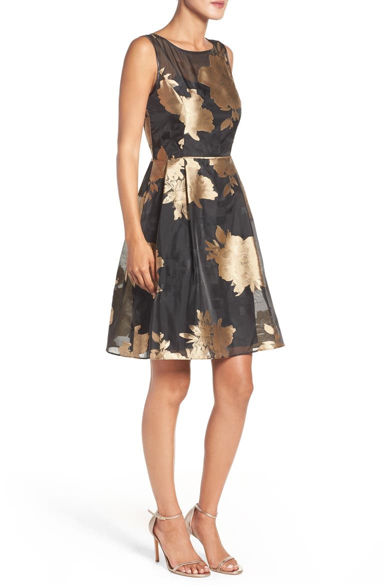 Burnout Floral Fit & Flare Dress, Alternate, color, BLACK/ GOLD