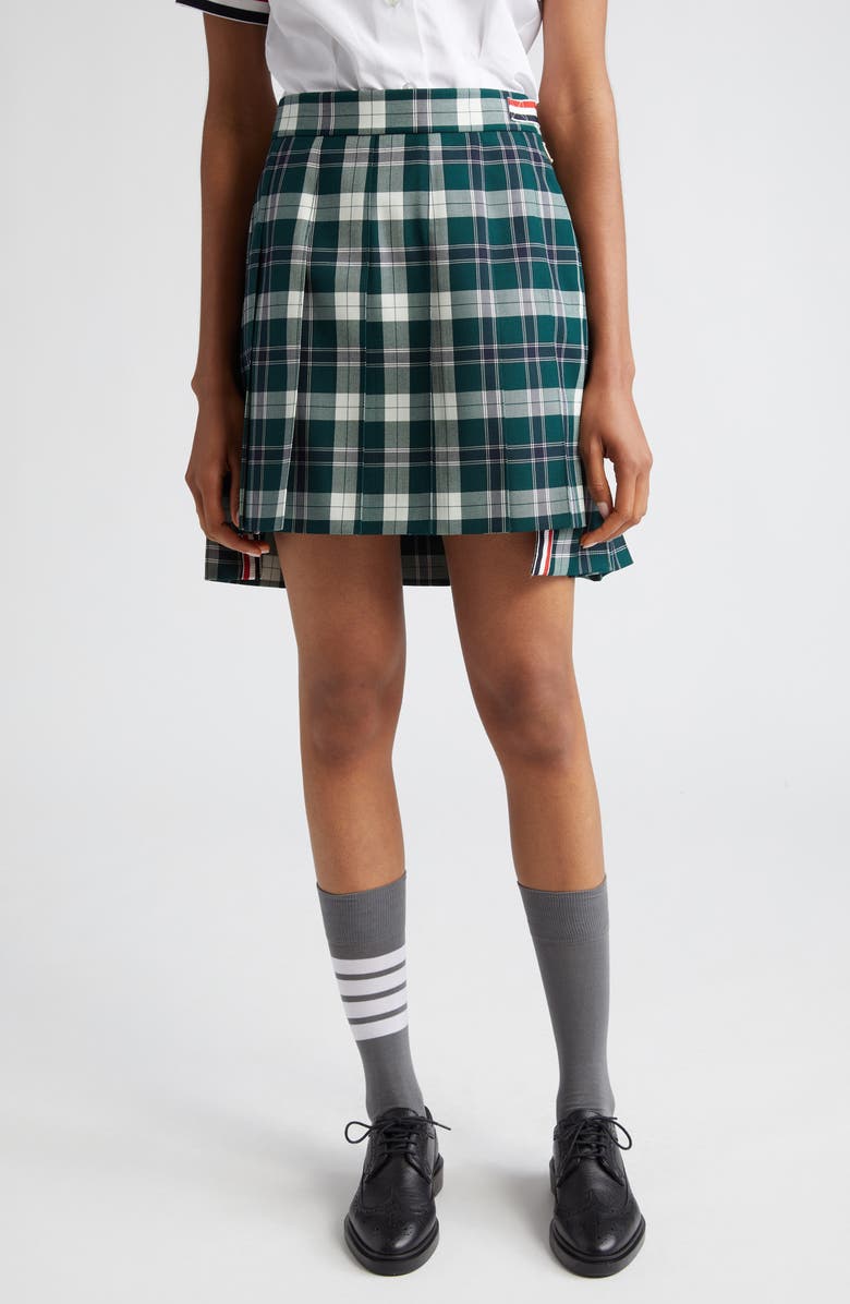 Thom Browne Tartan Pleated High-Low Miniskirt, Main, color, 