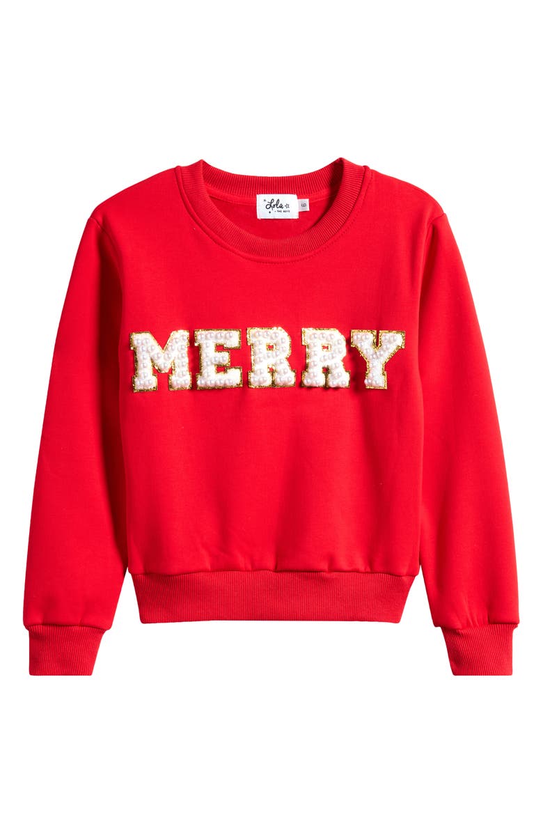 Lola + The Boys Kids' Merry Faux Pearl Accent Holiday Graphic Sweatshirt, Main, color, 