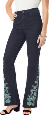Roaman's Plus Size Invisible Stretch® Embroidered Split Flare-Leg Jean