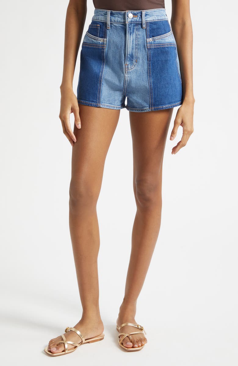Veronica Beard Elijah Colorblock Denim Shorts, Main, color, Rebel Blue Colorblock