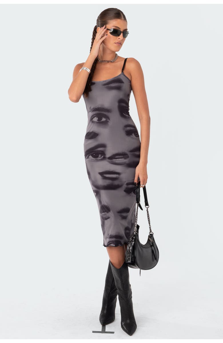 EDIKTED Eyes On You Print Mesh Midi Dress, Alternate, color, Grey