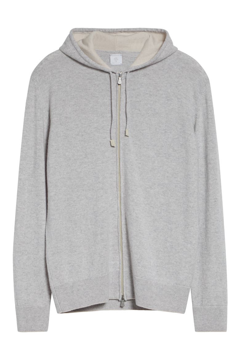 Full Zip Cashmere Hoodie Sweater, Alternate, color, LIGHT GREY MELANGE AND SAND