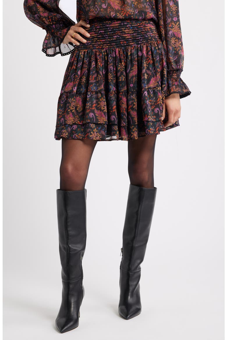 Floral Pleated Chiffon Miniskirt, Main, color, BLACK- PURPLE ROSE TAPESTRY