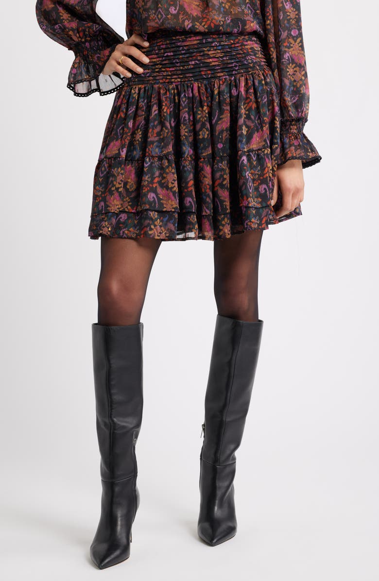 Treasure & Bond Floral Pleated Chiffon Miniskirt, Main, color, Black- Purple Rose Tapestry