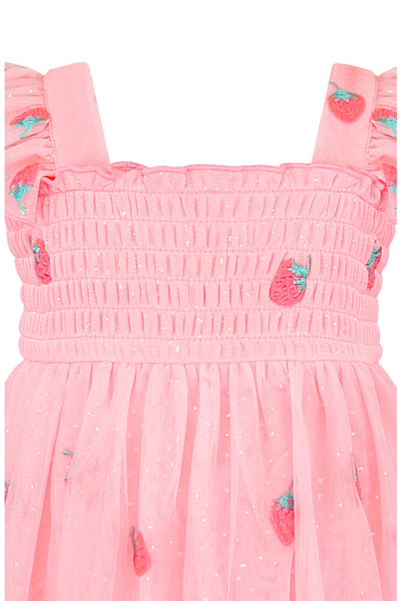 Flutter Sleeve Smocked Strawberry Embroidered Dress, Alternate, color, NEON PINK