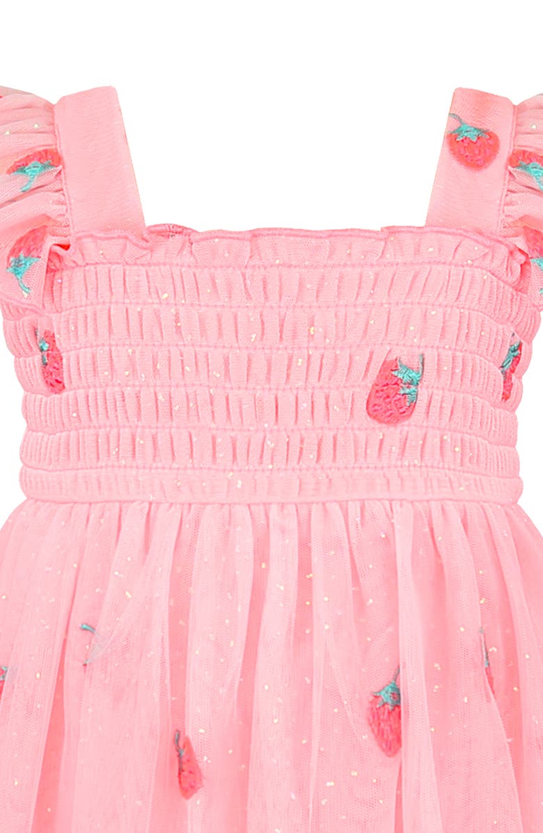 Zunie Flutter Sleeve Smocked Strawberry Embroidered Dress, Alternate, color, Neon Pink