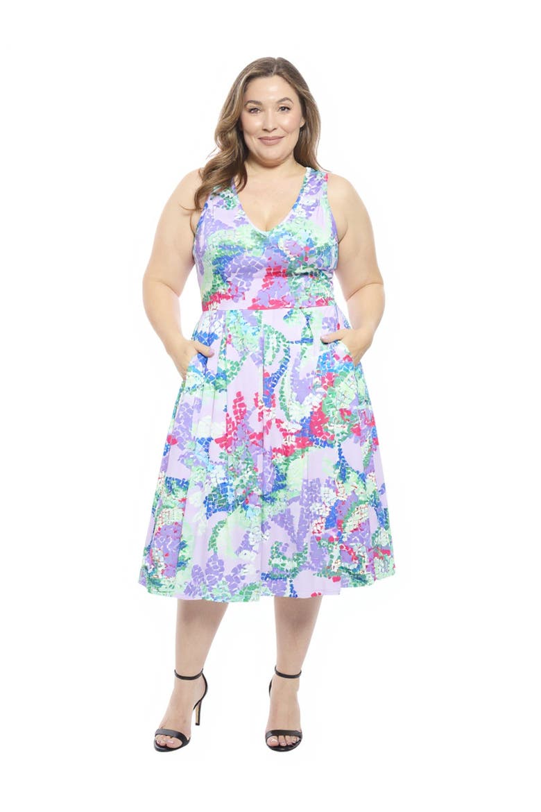 Plus Size Abstract V-Neck Sleeveless Pleated Pocket Midi Fit N Flare Dress, Main, color, Purple Multi
