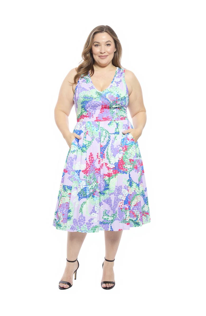 24seven Comfort Apparel Plus Size Abstract V-Neck Sleeveless Pleated Pocket Midi Fit N Flare Dress, Main, color, Purple Multi