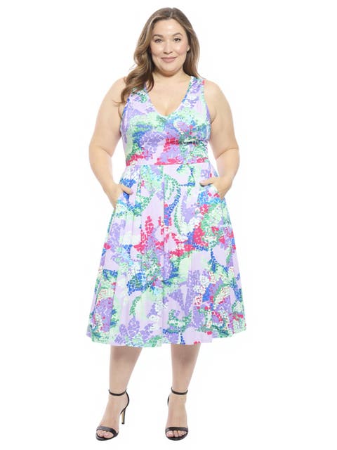 Plus Size Abstract V-Neck Sleeveless Pleated Pocket Midi Fit N Flare Dress