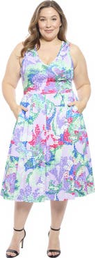 24seven Comfort Apparel Plus Size Abstract V-Neck Sleeveless Pleated Pocket Midi Fit N Flare Dress