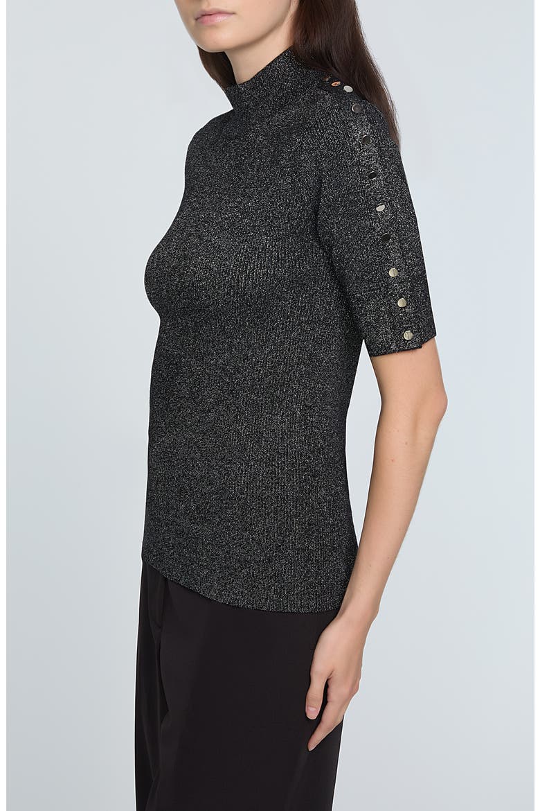 The Samantha Metallic Snap Accent Mock Neck Sweater, Alternate, color, NOIR WITH GUNMETAL LUREX