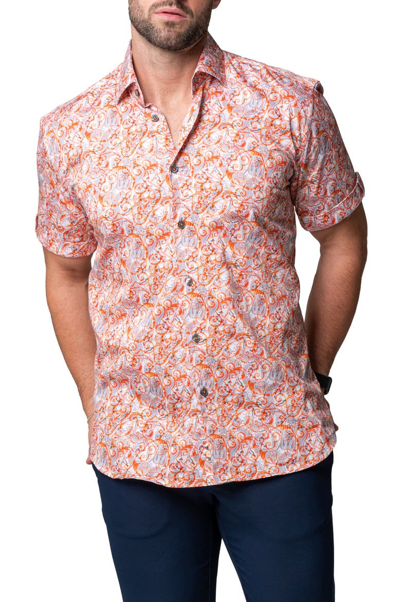 Galileo Geometric Short Sleeve Cotton Button-Up Shirt, Main, color, ORANGE