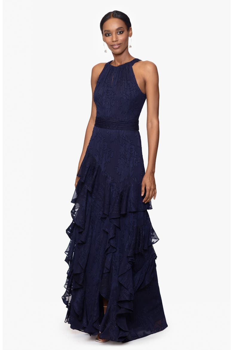 Ruffle Metallic Gown, Alternate, color, NAVY