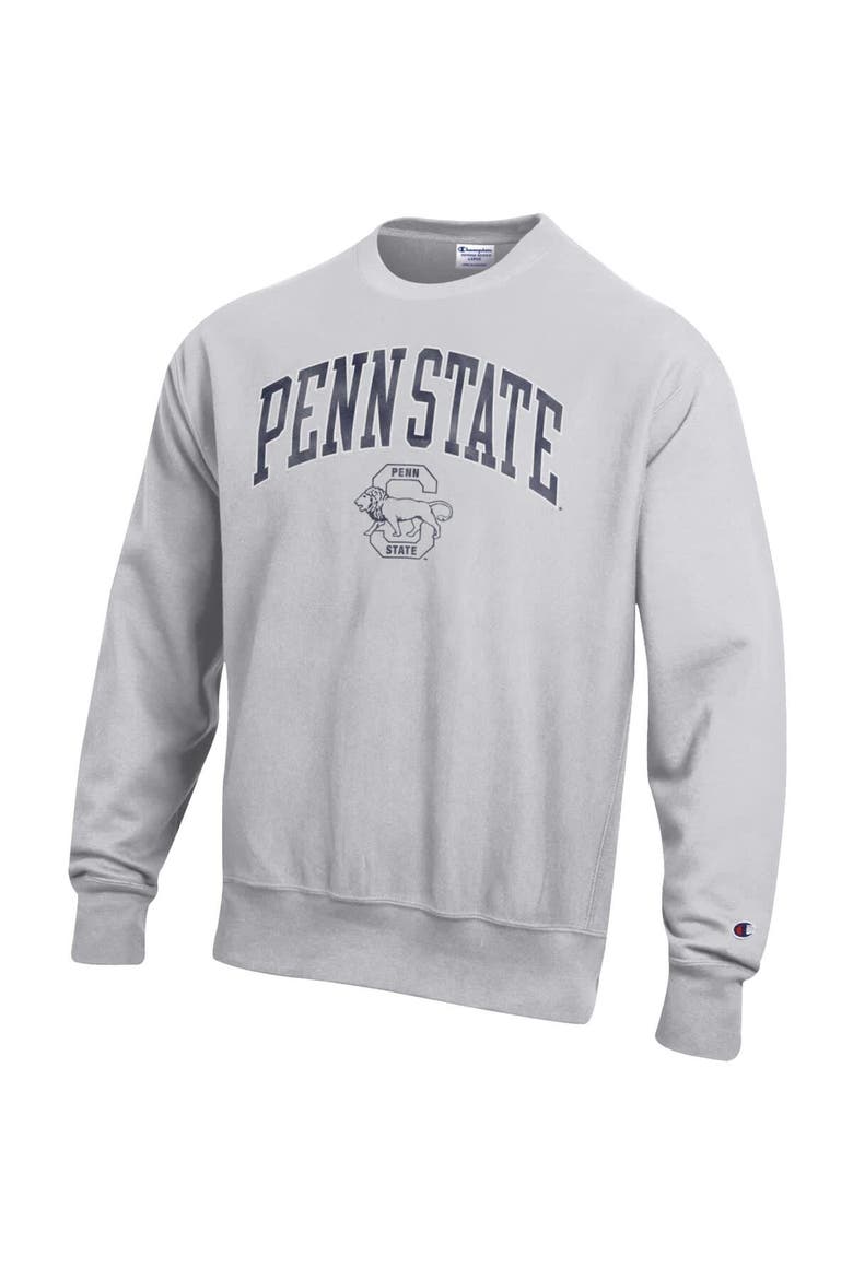 Men's Champion Gray Penn State Nittany Lions Distressed Arch Over Logo Reverse Weave Crew Neck Sweatshirt, Alternate, color, Gray