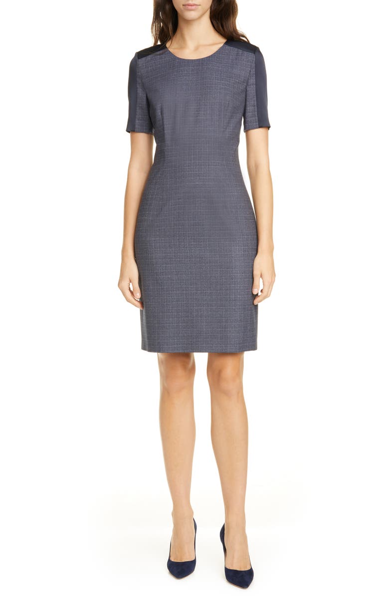 BOSS Dirusa Crosshatch Virgin Wool Short Sleeve Dress, Main, color,