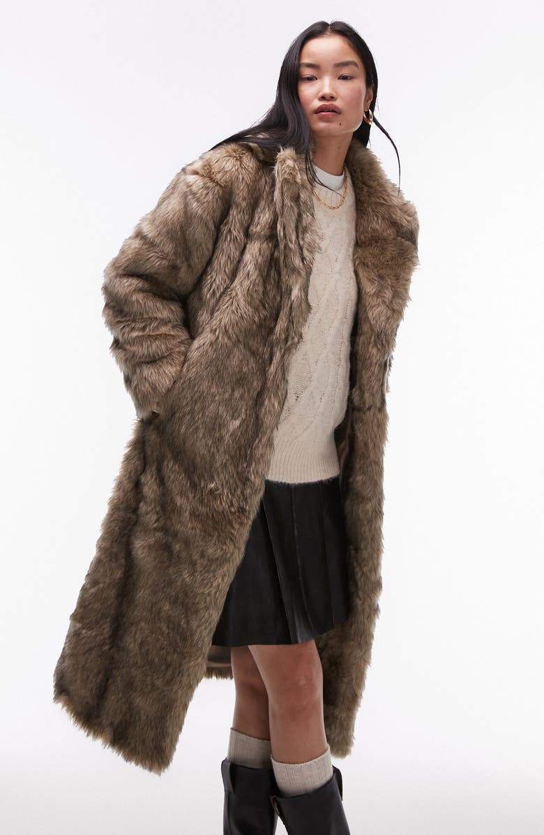 Topshop Faux Fur Longline Coat, Main, color, 