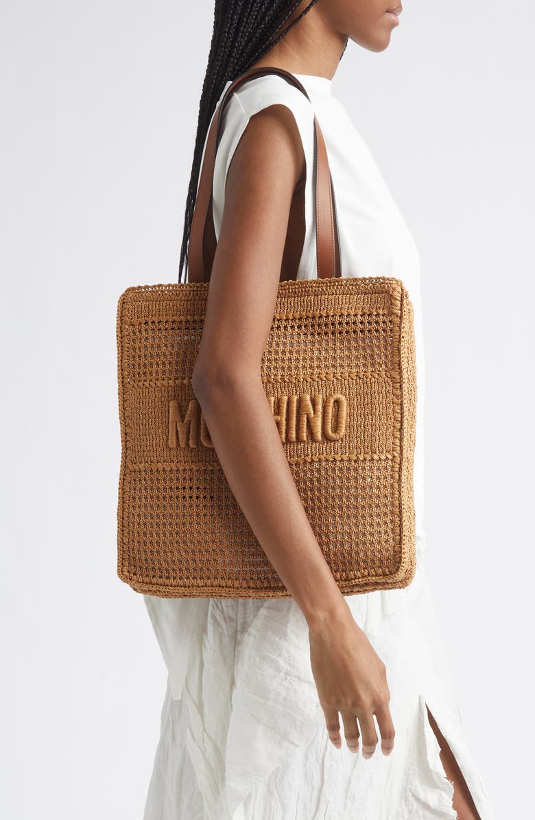 Moschino Logo Woven Shopper Tote, Alternate, color, Hide