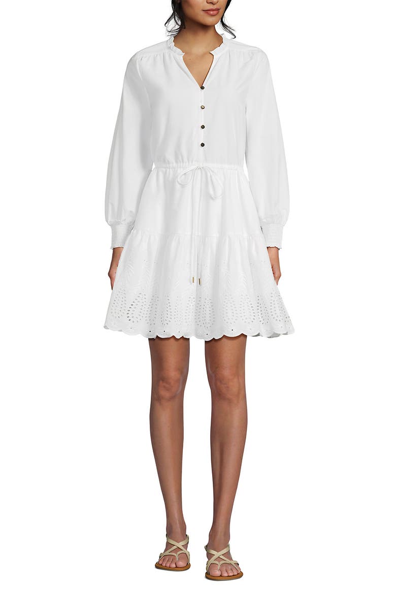 Long Sleeve Eyelet Mini Popover Dress, Alternate, color, White Eyelet