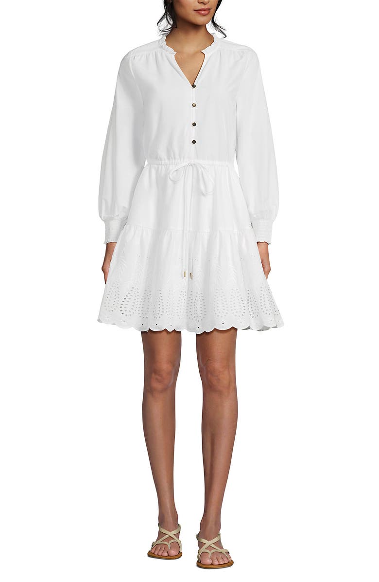 Lands' End Long Sleeve Eyelet Mini Popover Dress, Alternate, color, White Eyelet