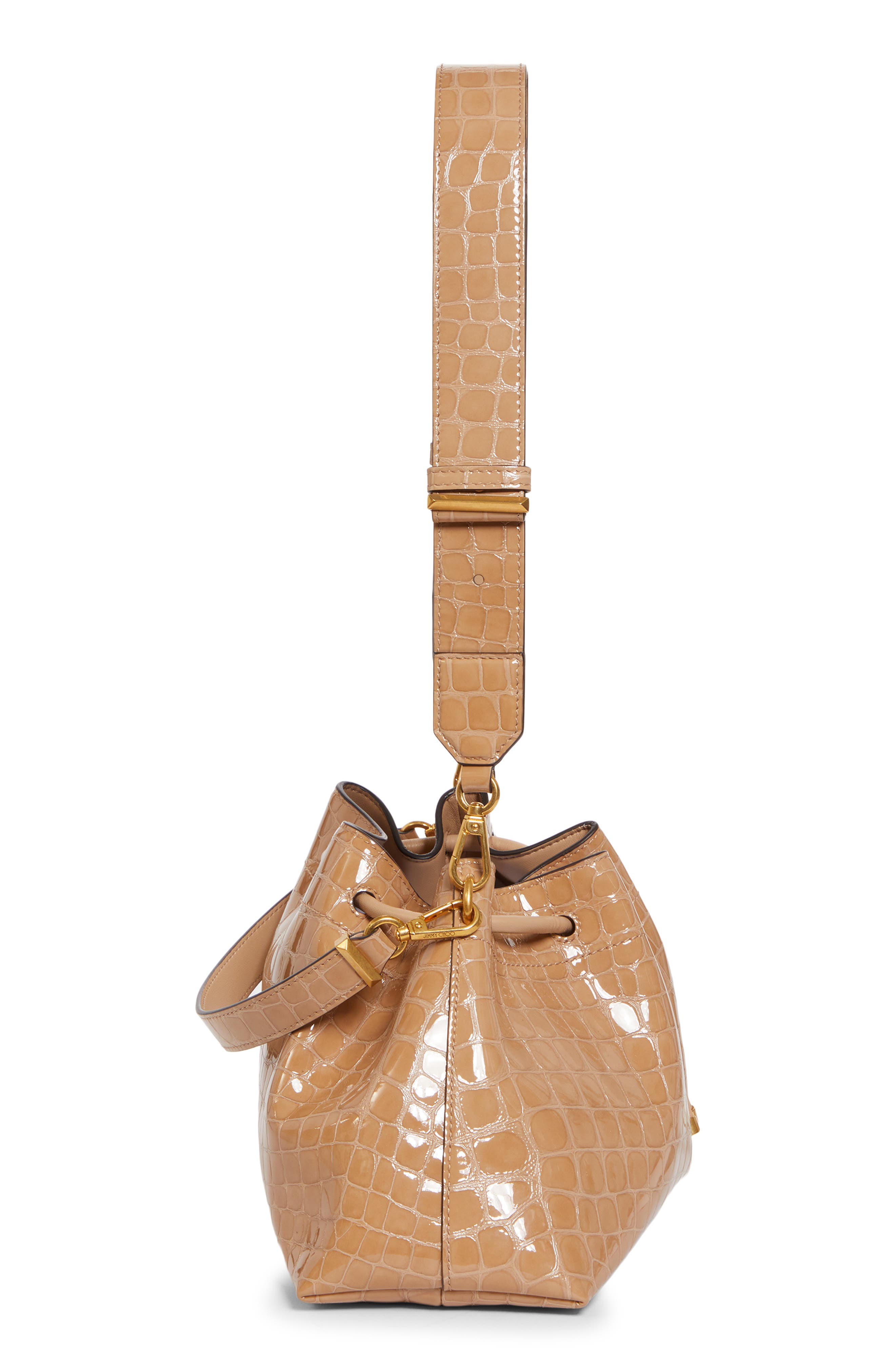 Jimmy Choo Cinch M Croc Embossed Patent Leather Bucket Bag, Alternate, color, Chai/ Gold