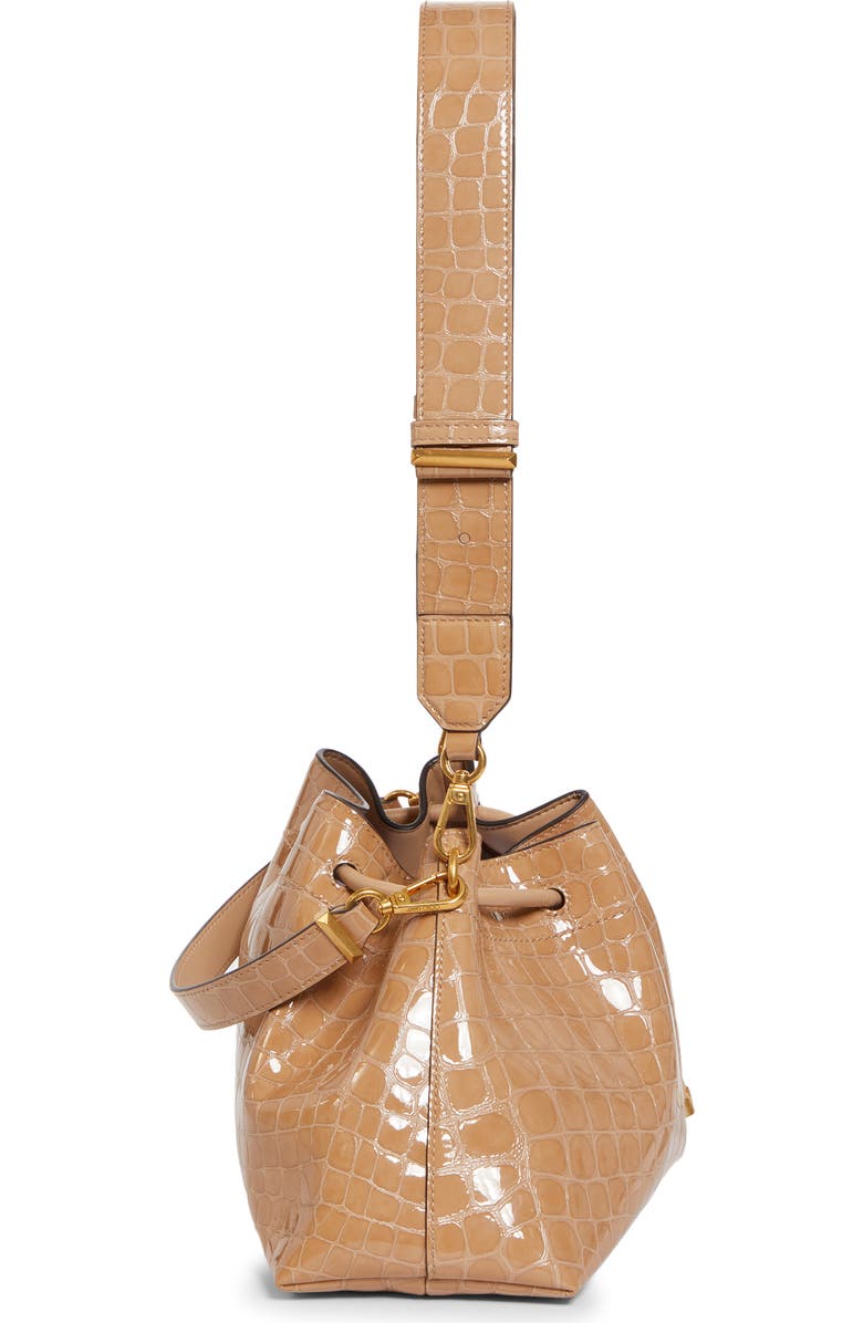 Jimmy Choo Cinch M Croc Embossed Patent Leather Bucket Bag, Alternate, color, Chai/ Gold