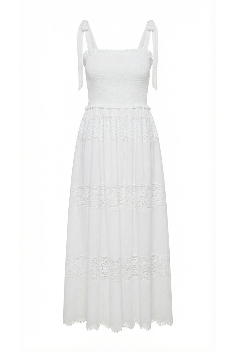 Smocked Lace Eyelet Maxi Dress, Alternate, color, White
