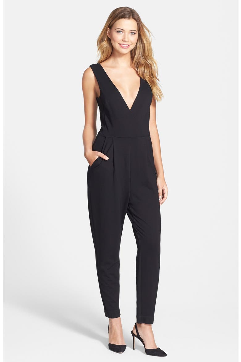 Double V-Neck Ponte Jumpsuit, Main, color, BLACK