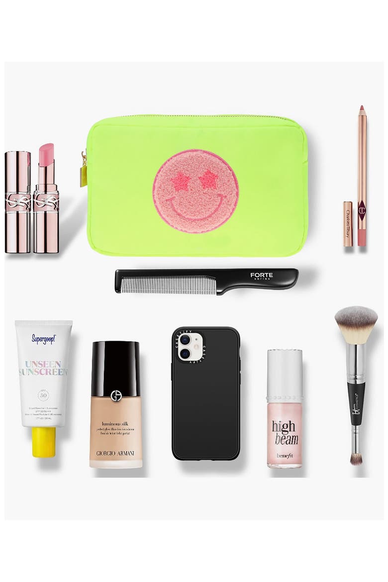 Medium Smiley Cosmetics Bag, Alternate, color, NEON YELLOW
