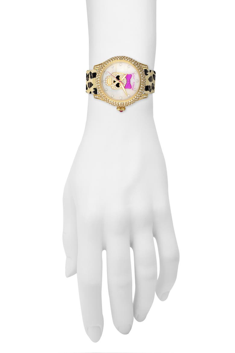 Skull Dial Leather Strap Watch, 40mm, Alternate, color, GOLD/ LEOPARD
