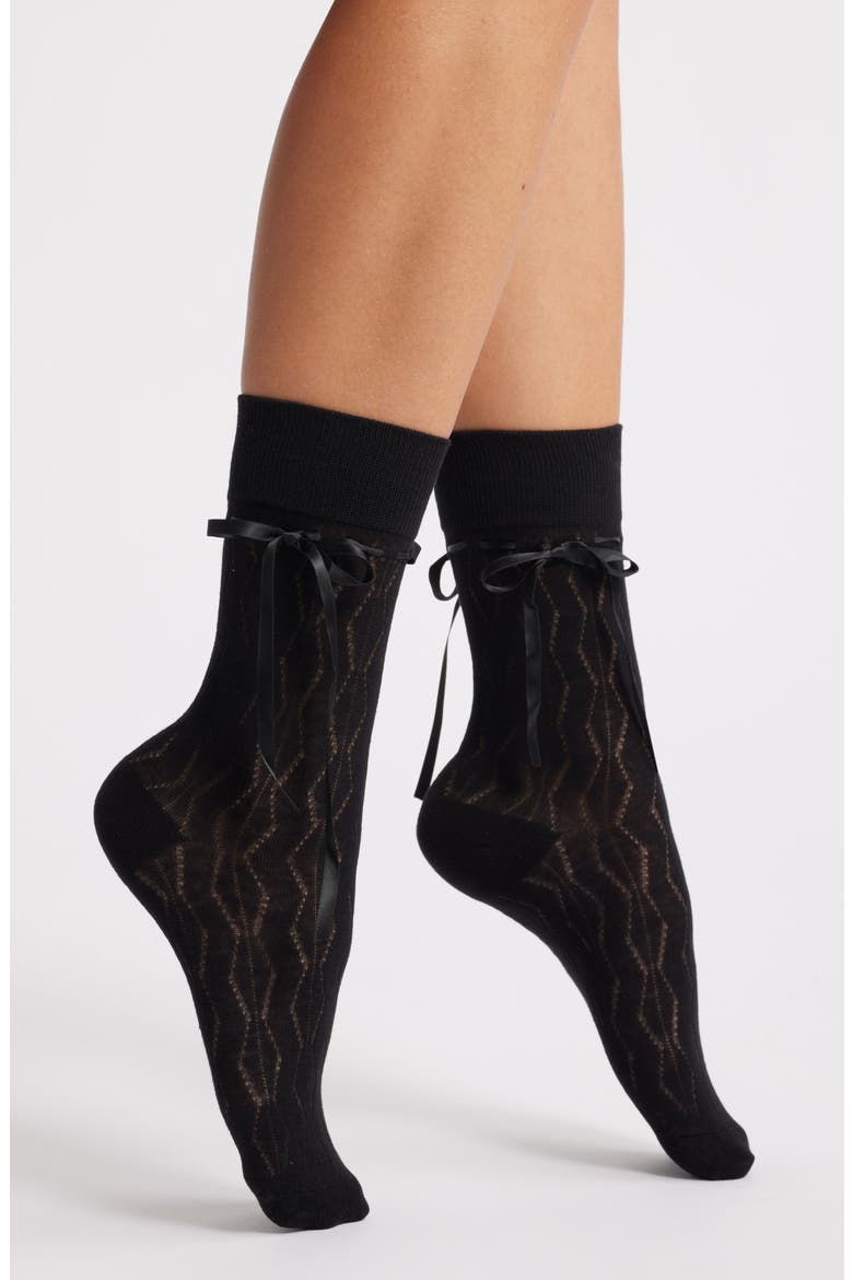 Bellabow Satin Robbon Crew Socks, Main, color, BLACK