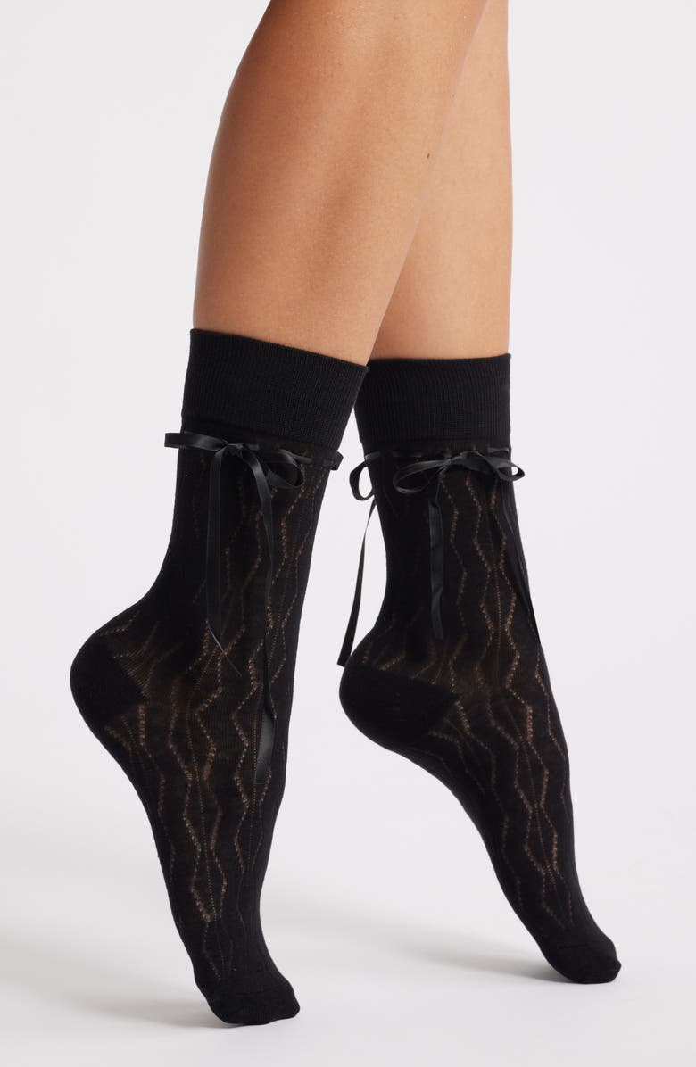 HIGH HEEL JUNGLE Bellabow Satin Robbon Crew Socks, Main, color, Black
