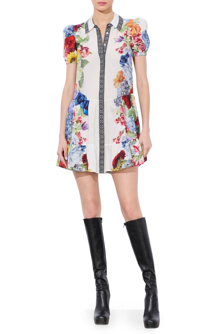 Claire Placed Floral Tiered Mini Shirtdress, Main, color, GARDEN BRUNCH OFF WHITE