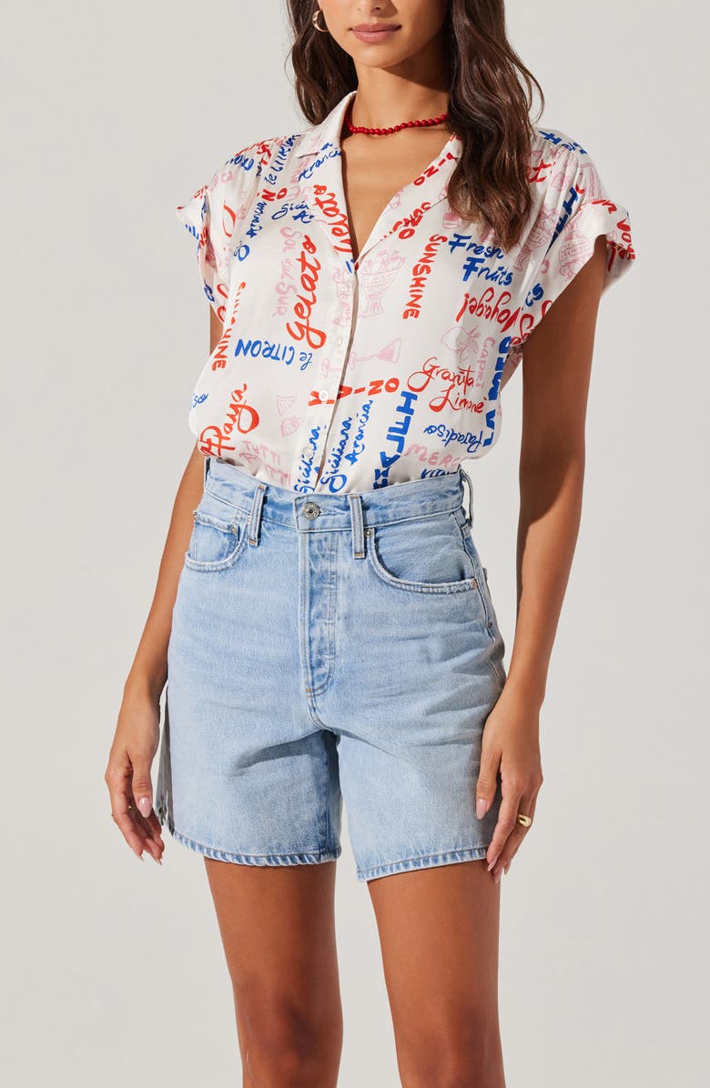 ASTR the Label Callen Print Camp Shirt, Alternate, color, White Multi Script