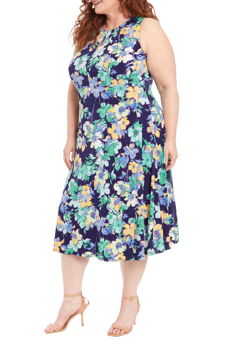 Floral Keyhole Sleeveless Empire Waist Midi Dress, Alternate, color, NAVY TEAL