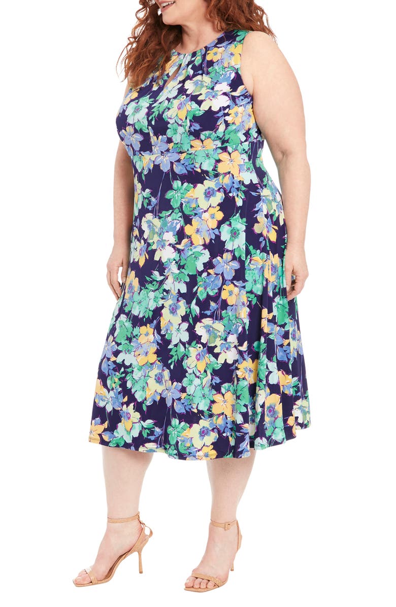 London Times Floral Keyhole Sleeveless Empire Waist Midi Dress, Alternate, color, 