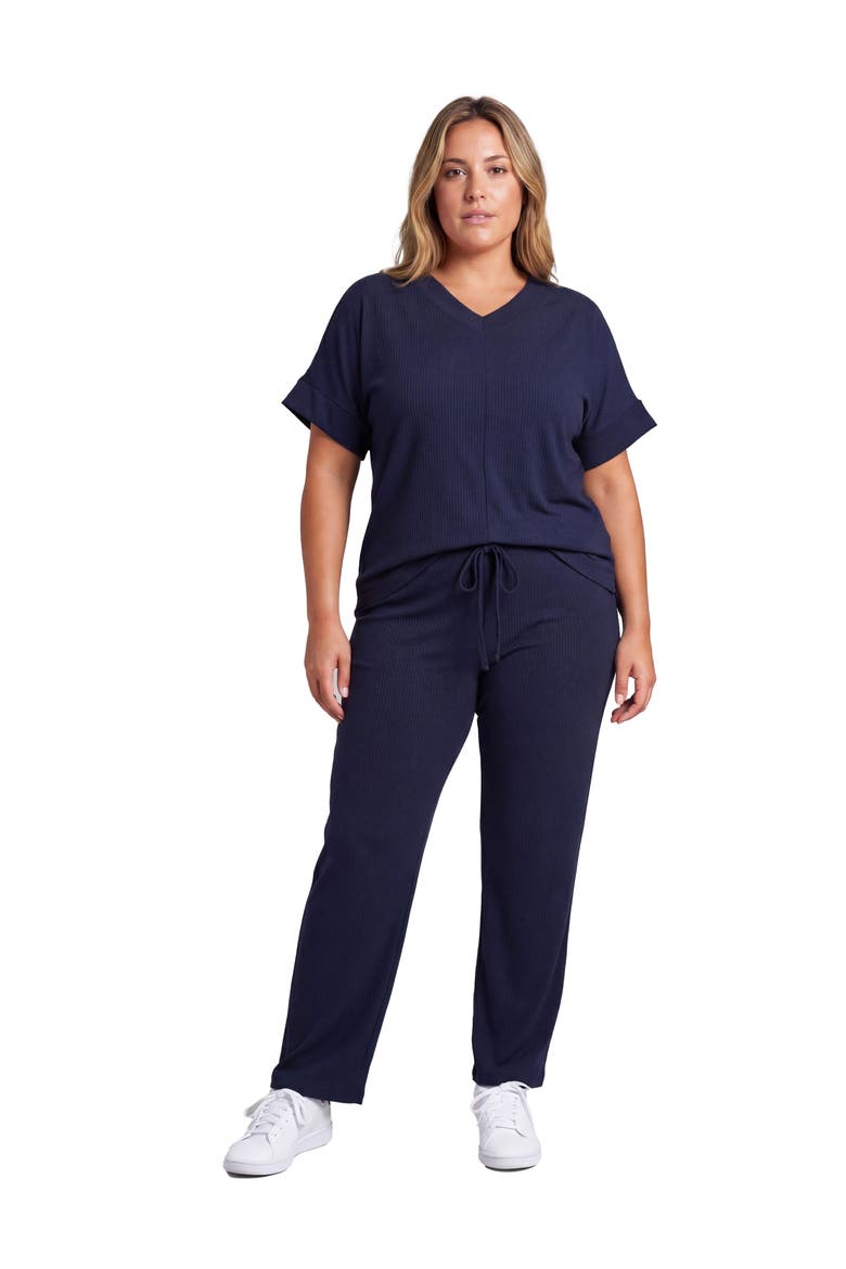 Curvy Basic Ribbed Knit Dolman Sleeve V-Neck Top and Drawstring Wide Leg Pant Set, Main, color, Navy
